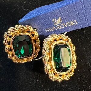 32- Swarovski Emerald Green and Gold Clip Earrings